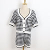 Summer Plaid Knit Two Piece Set Women Crop Top Sexy Pleated Short Sweater Cardigan+High Waist Shorts Casual Pants Set For Women