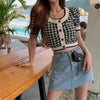 Summer Plaid Knit Two Piece Set Women Crop Top Sexy Pleated Short Sweater Cardigan+High Waist Shorts Casual Pants Set For Women