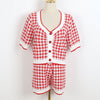 Summer Plaid Knit Two Piece Set Women Crop Top Sexy Pleated Short Sweater Cardigan+High Waist Shorts Casual Pants Set For Women