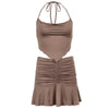 Summer Pleated Bodysuit Suit Set Women Two Piece Halter Camis Cropped Triangle Skirt Suits Sets Woman Pink Brown Black