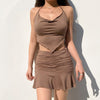 Summer Pleated Bodysuit Suit Set Women Two Piece Halter Camis Cropped Triangle Skirt Suits Sets Woman Pink Brown Black