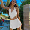 Summer Pleated Bodysuit Suit Set Women Two Piece Halter Camis Cropped Triangle Skirt Suits Sets Woman Pink Brown Black