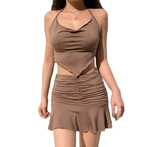 Summer Pleated Bodysuit Suit Set Women Two Piece Halter Camis Cropped Triangle Skirt Suits Sets Woman Pink Brown Black