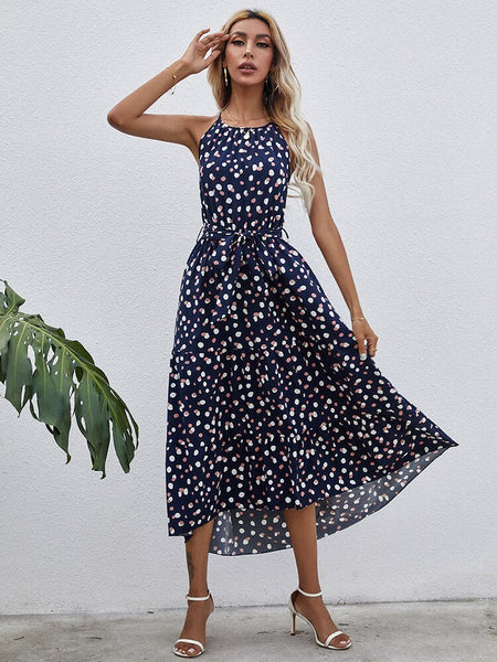 Summer Polka-Dot Long Dress Women Casual Strapless Maxi Dress Sleeveless Vacation Beach Dress Female Lace Up Dresses