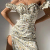 Summer Print Floral Dress Women Off Shoulder Puff Sleeve Midi Dress Sexy High Waist Split Dress Slim Elegant Woman Dress