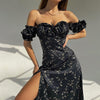 Summer Print Floral Dress Women Off Shoulder Puff Sleeve Midi Dress Sexy High Waist Split Dress Slim Elegant Woman Dress