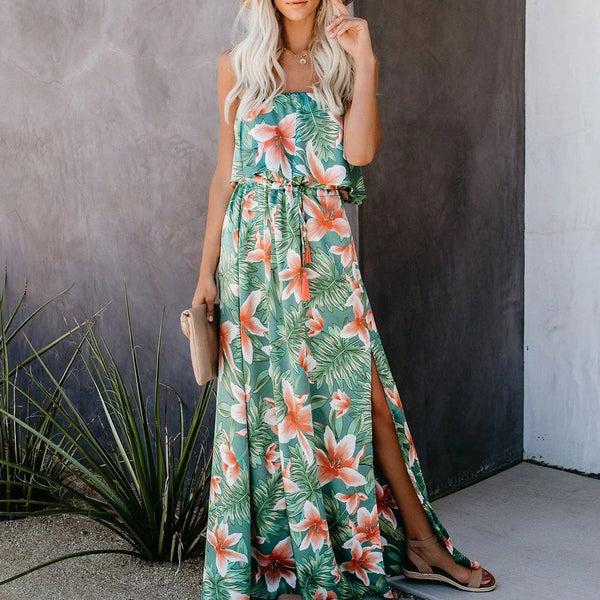 Summer Print Floral Summer Dress Women Off Shoulder Side Split Beach Maxi Long Dresses Backless Female Holiday Vestidos