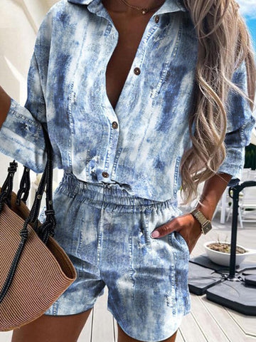 Summer Print Women Tracksuits Casual Two Piece Sets Short Sleeve Button Tops And Shorts Sets Leopard Outfits Shorts Suit
