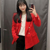 Summer Red Testured Double Breasted Blazers Women Za 2022 Vintage Lapel Pronounced Shoulders Blazer Casual Pocket Woman Blazers