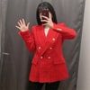 Summer Red Testured Double Breasted Blazers Women Za 2022 Vintage Lapel Pronounced Shoulders Blazer Casual Pocket Woman Blazers