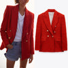 Summer Red Testured Double Breasted Blazers Women Za 2022 Vintage Lapel Pronounced Shoulders Blazer Casual Pocket Woman Blazers