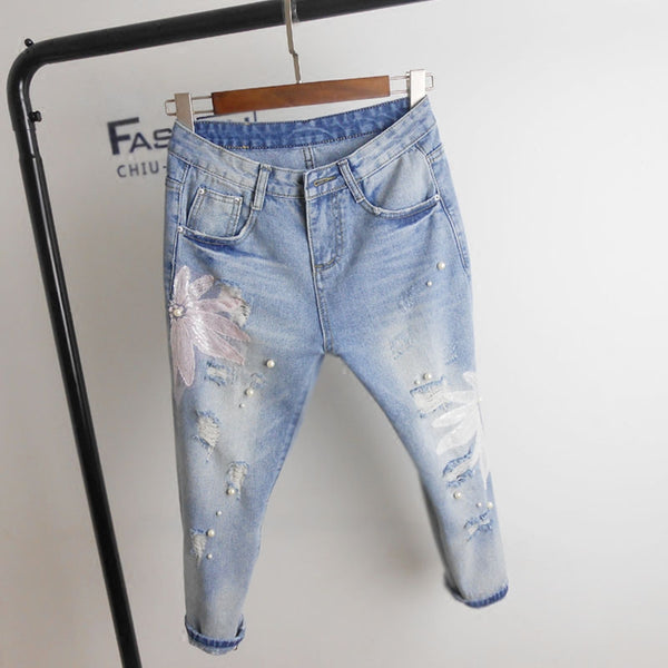 Summer Ripped Pearl Jeans For Women Floral Print High Waisted Casual Harem Jeans Denim Pants Female