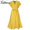 Summer Ruffle Dress Women  High Waist Lace Up Ruffle Sleeve V-neck Maxi Dresses for Women Mid-length Female Yellow Dress