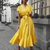 Summer Ruffle Dress Women  High Waist Lace Up Ruffle Sleeve V-neck Maxi Dresses for Women Mid-length Female Yellow Dress