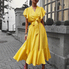 Summer Ruffle Dress Women  High Waist Lace Up Ruffle Sleeve V-neck Maxi Dresses for Women Mid-length Female Yellow Dress