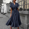 Summer Ruffle Dress Women  High Waist Lace Up Ruffle Sleeve V-neck Maxi Dresses for Women Mid-length Female Yellow Dress