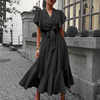 Summer Ruffle Dress Women  High Waist Lace Up Ruffle Sleeve V-neck Maxi Dresses for Women Mid-length Female Yellow Dress