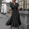 Summer Ruffle Dress Women  High Waist Lace Up Ruffle Sleeve V-neck Maxi Dresses for Women Mid-length Female Yellow Dress