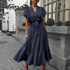 Summer Ruffle Dress Women  High Waist Lace Up Ruffle Sleeve V-neck Maxi Dresses for Women Mid-length Female Yellow Dress