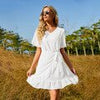 Summer Ruffle Midi Dress Women Chiffon V-neck Short Sleeve Dress Jacquard Belt Side Wrap Dress Female Solid A-line Dress