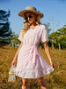 Summer Ruffle Midi Dress Women Chiffon V-neck Short Sleeve Dress Jacquard Belt Side Wrap Dress Female Solid A-line Dress