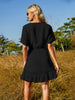 Summer Ruffle Midi Dress Women Chiffon V-neck Short Sleeve Dress Jacquard Belt Side Wrap Dress Female Solid A-line Dress
