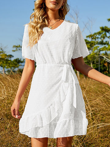 Summer Ruffle Midi Dress Women Chiffon V-neck Short Sleeve Dress Jacquard Belt Side Wrap Dress Female Solid A-line Dress
