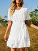 Summer Ruffle Midi Dress Women Chiffon V-neck Short Sleeve Dress Jacquard Belt Side Wrap Dress Female Solid A-line Dress