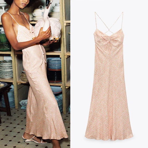 Summer Satin Floral Print Midi Dress Za 2022  Ruched Tie V-neck Dresses Women Chic Back Cross Spaghetti Strap Woman Dress