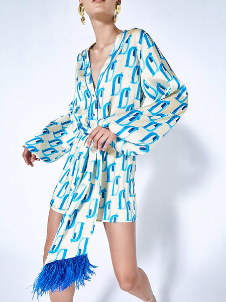 Summer Satin Printed Mini Dresses For Women Elegant V-Neck  Lace Up With Feather Dress Female 2023 Lady Party Vocation Clothes