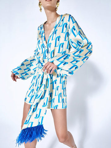 Summer Satin Printed Mini Dresses For Women Elegant V-Neck  Lace Up With Feather Dress Female 2023 Lady Party Vocation Clothes