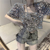 Summer Sequin Slim Square Collar Shirts Beading Chiffon Blouses Short Puff Sleeve Women Hedging High Waist Shiny Club Crop Tops