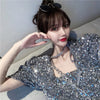 Summer Sequin Slim Square Collar Shirts Beading Chiffon Blouses Short Puff Sleeve Women Hedging High Waist Shiny Club Crop Tops