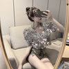 Summer Sequin Slim Square Collar Shirts Beading Chiffon Blouses Short Puff Sleeve Women Hedging High Waist Shiny Club Crop Tops