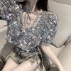 Summer Sequin Slim Square Collar Shirts Beading Chiffon Blouses Short Puff Sleeve Women Hedging High Waist Shiny Club Crop Tops