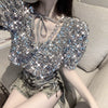 Summer Sequin Slim Square Collar Shirts Beading Chiffon Blouses Short Puff Sleeve Women Hedging High Waist Shiny Club Crop Tops