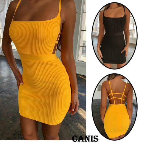 Summer Sexy Bandage Hollow Out Dress Women  Sleeveless Backless Bodycon Party Club Dress Mini Wrap Dress