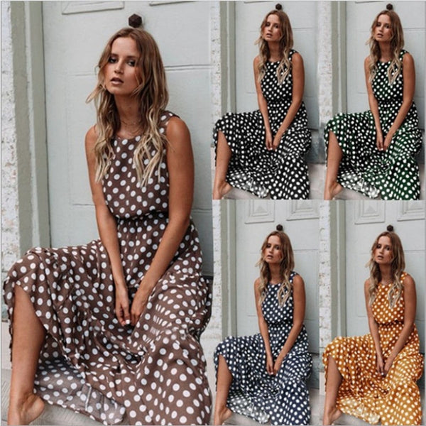 Summer Sexy O Neck Sleeveless Boho Polka Dot Print Maxi Dress 2023 Casual Empire A Line Robe Ladies Party Long Dresses Vestidos