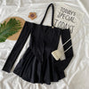 Summer Sexy Short Set Women Casual Straight Shoulder Neck T-shirt + Black Wide Leg Short Matching Suit