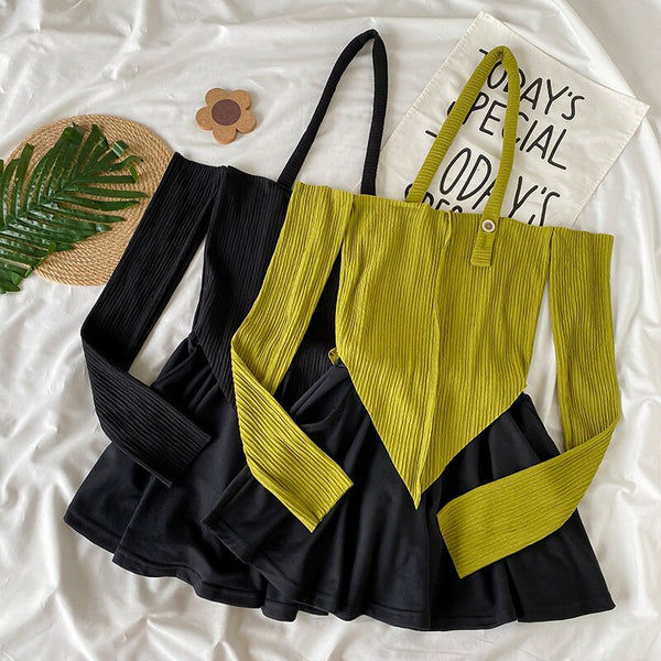 Summer Sexy Short Set Women Casual Straight Shoulder Neck T-shirt + Black Wide Leg Short Matching Suit