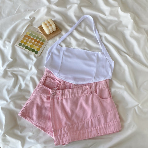 Summer Sexy Short Set Women Casual Two Pieces Suit Irregular Denim Skirt Short + White Vest Camis Matching Set