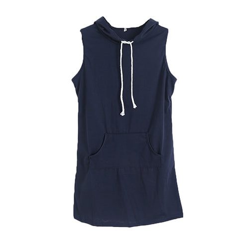 Summer Sexy Women Boho Hooded Pockets Dress Bodycon Sleeveless Striped Solid Sexy Party Cocktail Mini Tank Dress Fashion