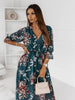 Summer Sexy Women Long Dress Floral Dress Deep V-neck Female Elastic Waist Ladies Split Maxi Dress Robe Femme Vestidos De Mujer