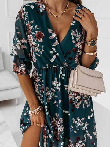 Summer Sexy Women Long Dress Floral Dress Deep V-neck Female Elastic Waist Ladies Split Maxi Dress Robe Femme Vestidos De Mujer