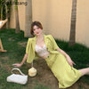 Summer Short Sleeve Button Blazer Suit Midi Long Skirt Two Piece Set Sexy Bodycon Crop Top Ladies Coat Tee Korean Blusas