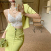Summer Short Sleeve Button Blazer Suit Midi Long Skirt Two Piece Set Sexy Bodycon Crop Top Ladies Coat Tee Korean Blusas