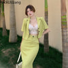 Summer Short Sleeve Button Blazer Suit Midi Long Skirt Two Piece Set Sexy Bodycon Crop Top Ladies Coat Tee Korean Blusas