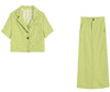 Summer Short Sleeve Button Blazer Suit Midi Long Skirt Two Piece Set Sexy Bodycon Crop Top Ladies Coat Tee Korean Blusas