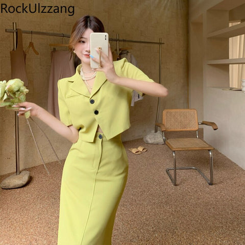 Summer Short Sleeve Button Blazer Suit Midi Long Skirt Two Piece Set Sexy Bodycon Crop Top Ladies Coat Tee Korean Blusas