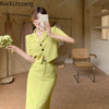 Summer Short Sleeve Button Blazer Suit Midi Long Skirt Two Piece Set Sexy Bodycon Crop Top Ladies Coat Tee Korean Blusas
